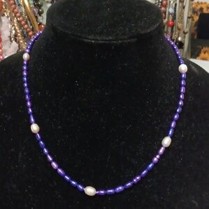 Freshwater Pearl and Purple Dyed Pearl Necklace in Stainless Steel 18 Inches
